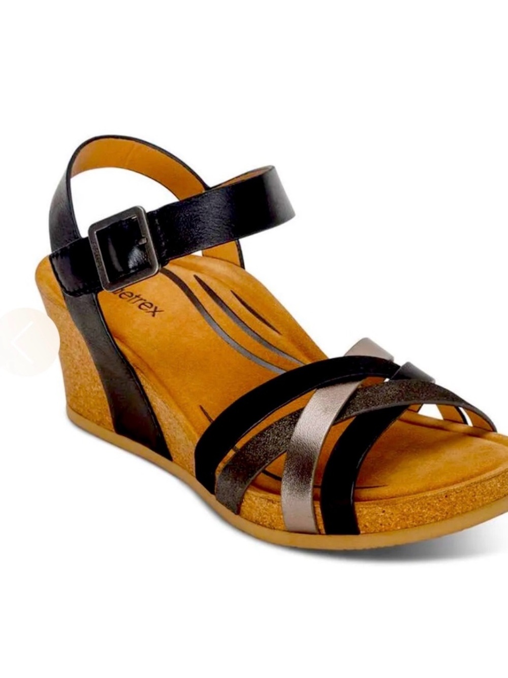 Aetrex Noelle Cork Wedge Sandals Leather Strappy Black Womens 9